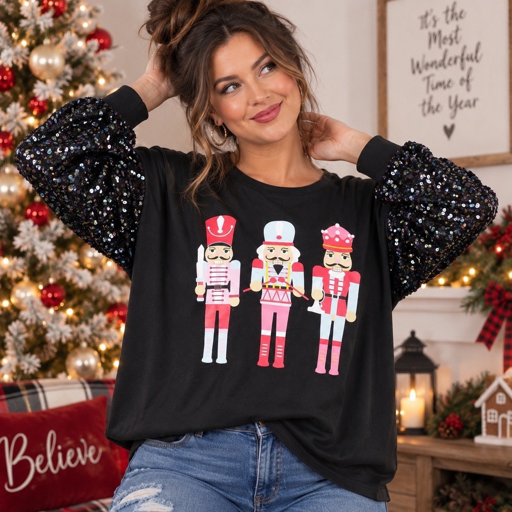 Marleylilly Nutcracker Sequin Sleeve Top Black 2XL/3XL Holiday Christmas